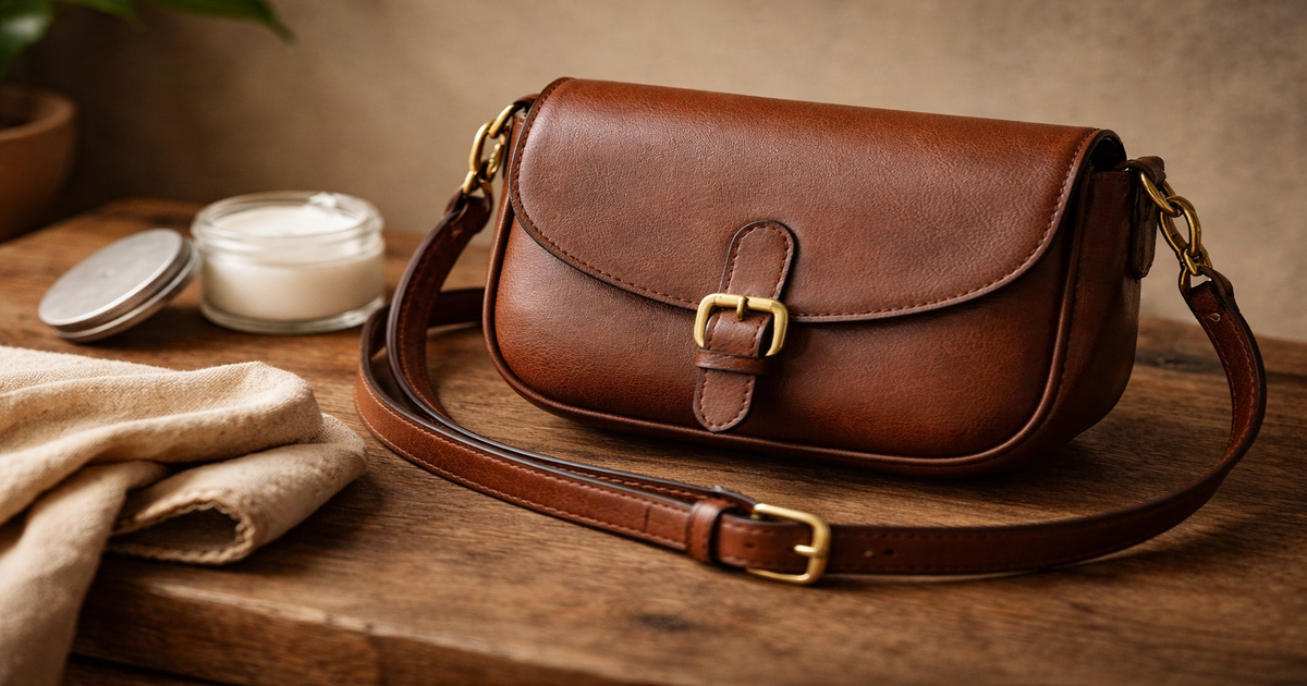 Cartera de cuero marrón con productos de cuidado