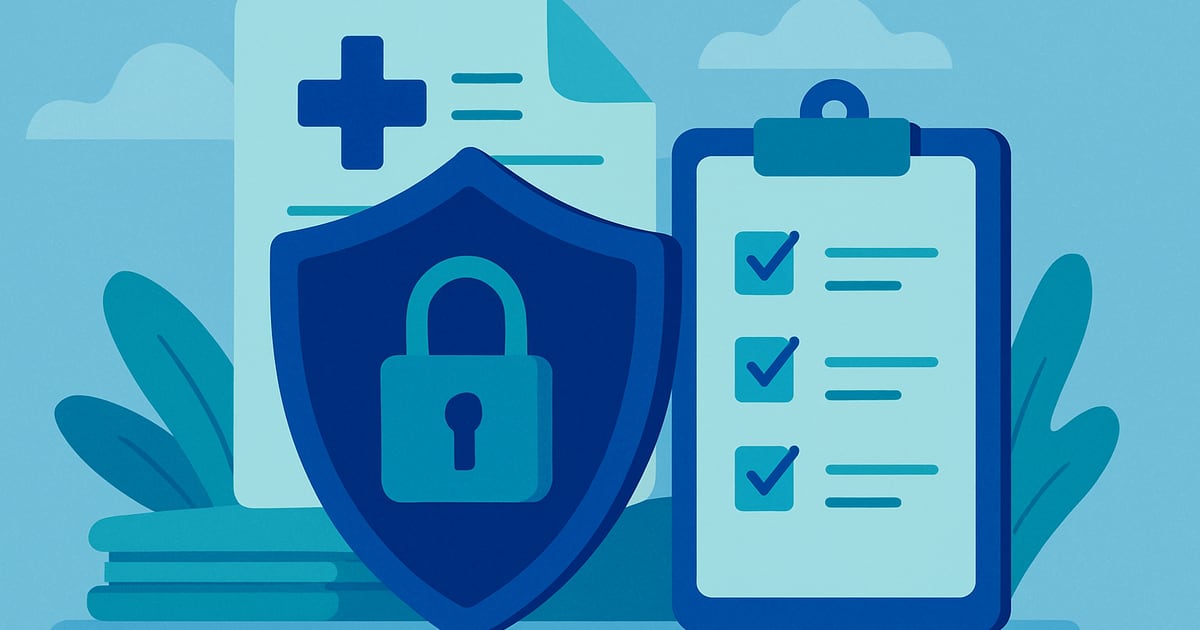 Illustration of a security checklist with a shield protecting patient records
